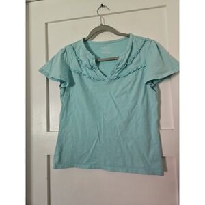 Basic Editions Top Small S Aqua Blue Ruffle V Neck Short Sleeve Flutter Classic